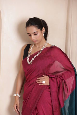 KHADI DUAL WEAVE COTTON SAREE IN PINK&GREEN