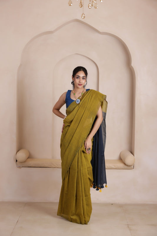 KHADI DUAL WEAVE COTTON SAREE MUSTARD YELLOW&NAVY BLUE PALLU