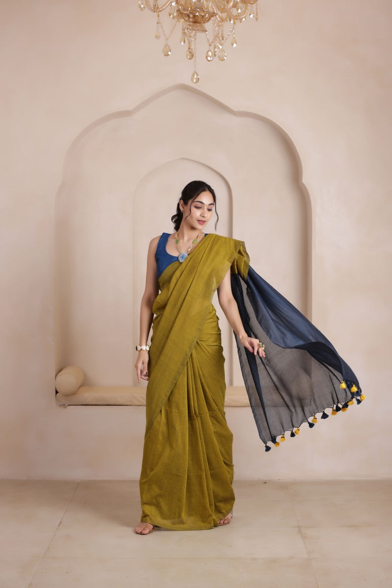 KHADI DUAL WEAVE COTTON SAREE MUSTARD YELLOW&NAVY BLUE PALLU