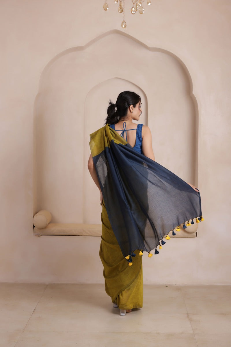 KHADI DUAL WEAVE COTTON SAREE MUSTARD YELLOW&NAVY BLUE PALLU