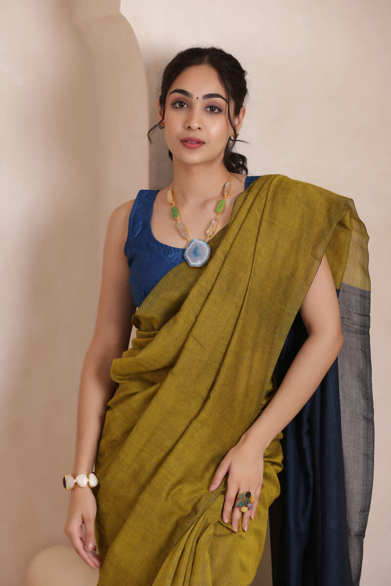 KHADI DUAL WEAVE COTTON SAREE MUSTARD YELLOW&NAVY BLUE PALLU