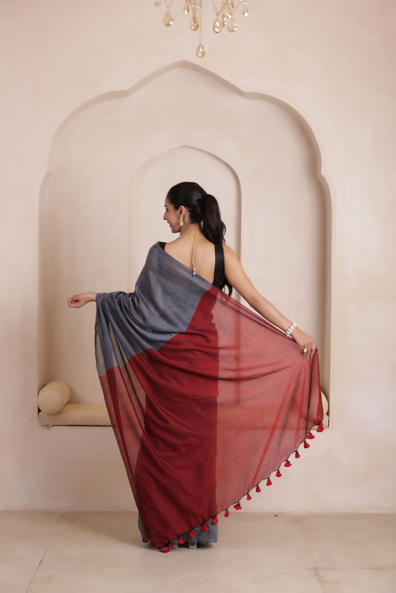 KHADI DUAL WEAVE COTTON SAREE IN GRAY&MAROON
