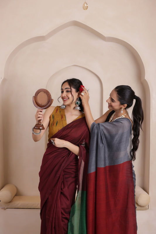 KHADI DUAL WEAVE COTTON SAREE IN MAROON&GREEN