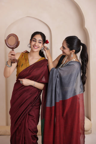 KHADI DUAL WEAVE COTTON SAREE IN MAROON&GREEN