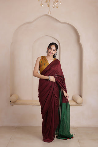 KHADI DUAL WEAVE COTTON SAREE IN MAROON&GREEN