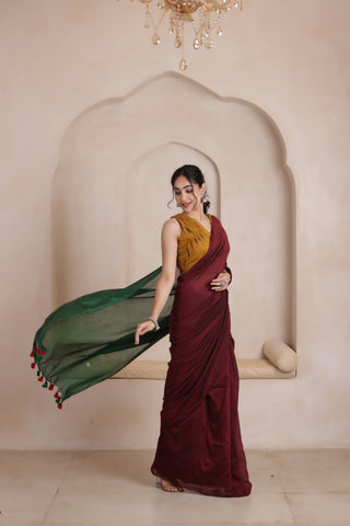 KHADI DUAL WEAVE COTTON SAREE IN MAROON&GREEN