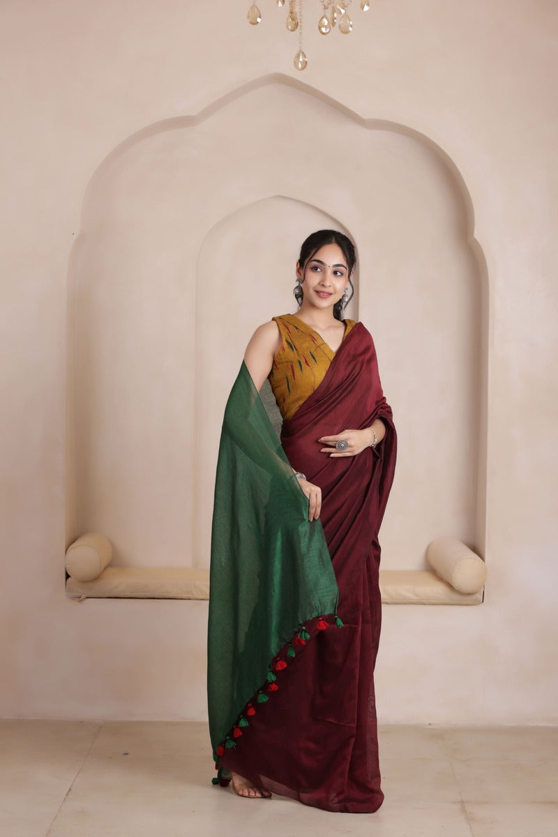 KHADI DUAL WEAVE COTTON SAREE IN MAROON&GREEN