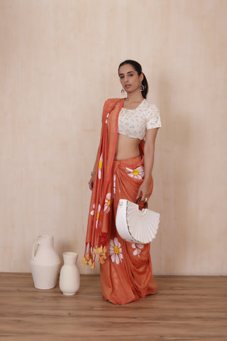 DAISY BLOOM  ORANGE HANDLOOM KHADI SAREE WITH WHITE FLORAL ARTWORK
