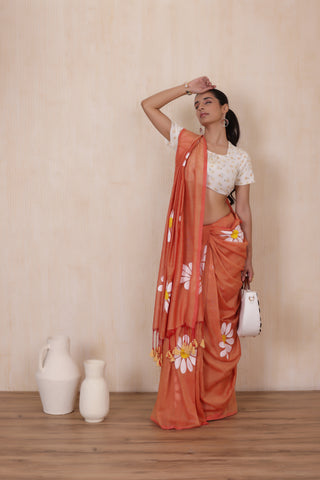 DAISY BLOOM  ORANGE HANDLOOM KHADI SAREE WITH WHITE FLORAL ARTWORK