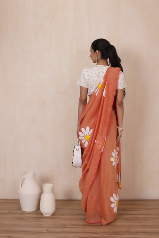 DAISY BLOOM  ORANGE HANDLOOM KHADI SAREE WITH WHITE FLORAL ARTWORK