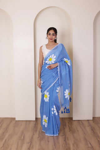 DAISY BLOOM ELEGANT KHADI COTTON SAREE IN BLUE WITH TASSELS AND FLORAL ART