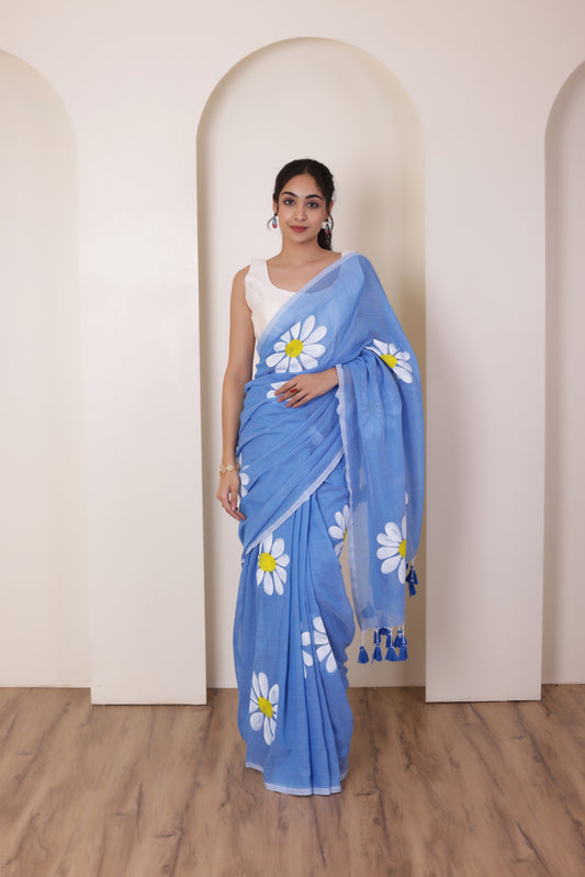 DAISY BLOOM ELEGANT KHADI COTTON SAREE IN BLUE WITH TASSELS AND FLORAL ART