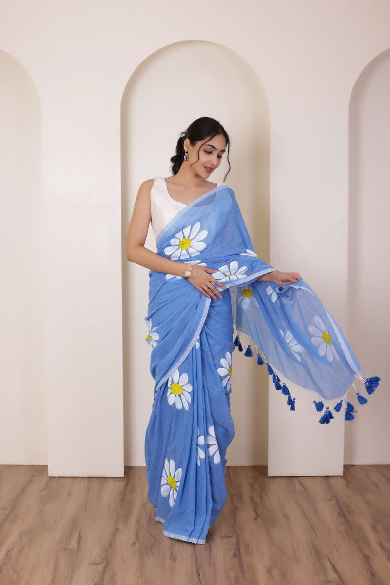 DAISY BLOOM ELEGANT KHADI COTTON SAREE IN BLUE WITH TASSELS AND FLORAL ART