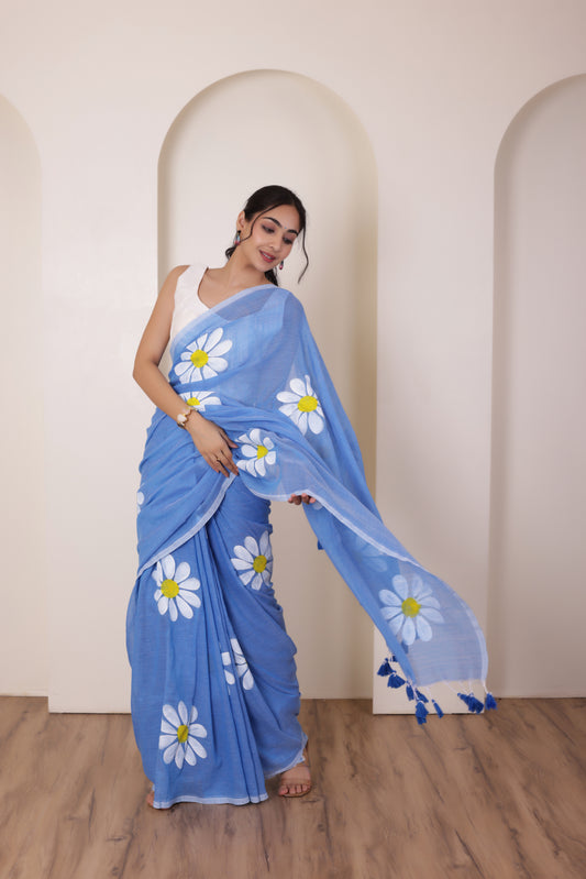 DAISY BLOOM ELEGANT KHADI COTTON SAREE IN BLUE WITH TASSELS AND FLORAL ART