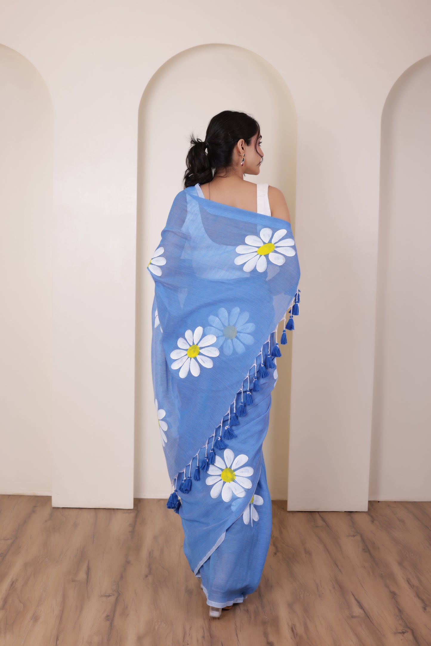 DAISY BLOOM ELEGANT KHADI COTTON SAREE IN BLUE WITH TASSELS AND FLORAL ART