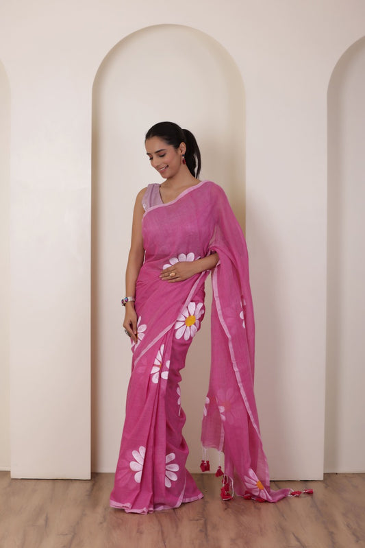 DAISY BLOOM HAND PAINTED PINK KHADI COTTON SAREE