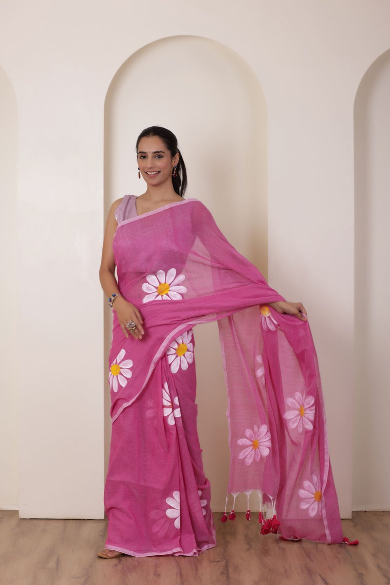 DAISY BLOOM HAND PAINTED PINK KHADI COTTON SAREE