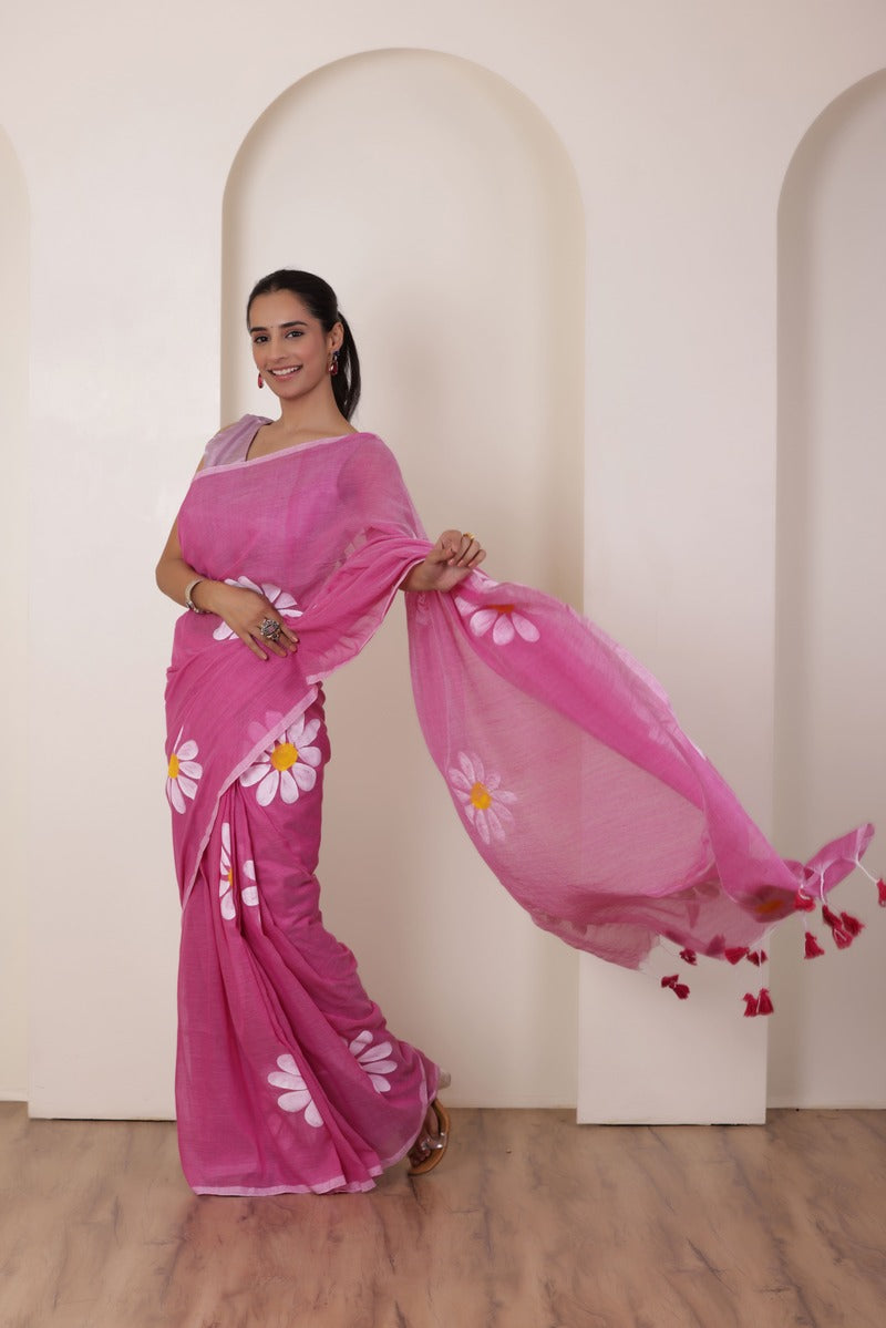 DAISY BLOOM HAND PAINTED PINK KHADI COTTON SAREE