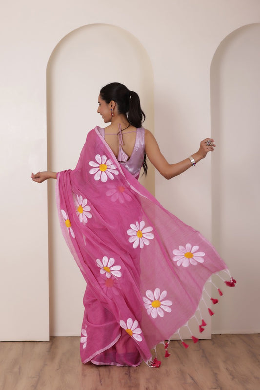 DAISY BLOOM HAND PAINTED PINK KHADI COTTON SAREE
