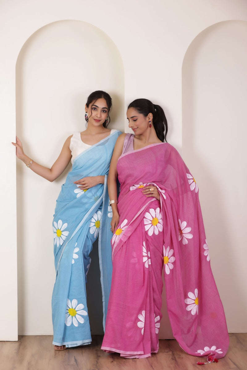 DAISY BLOOM SKYBLUE HAND PAINTED KHADI COTTON SAREE WITH ARTISTIC FLORALS
