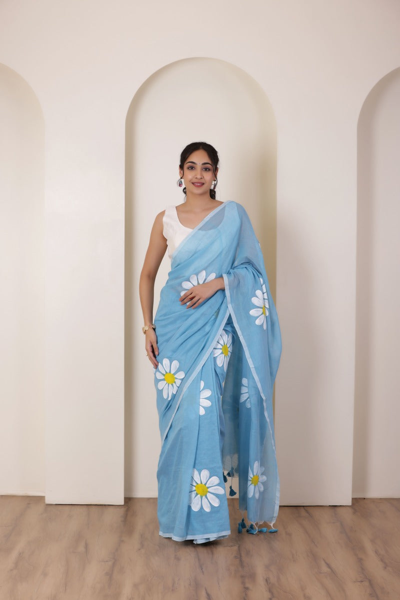 DAISY BLOOM SKYBLUE HAND PAINTED KHADI COTTON SAREE WITH ARTISTIC FLORALS
