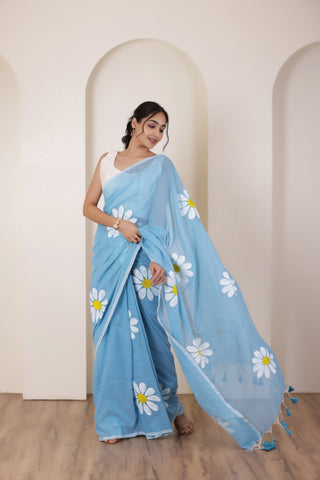 DAISY BLOOM SKYBLUE HAND PAINTED KHADI COTTON SAREE WITH ARTISTIC FLORALS