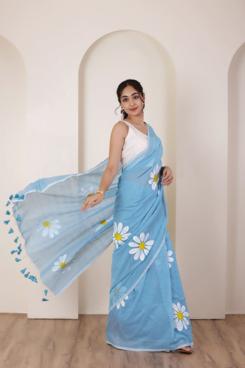 DAISY BLOOM SKYBLUE HAND PAINTED KHADI COTTON SAREE WITH ARTISTIC FLORALS