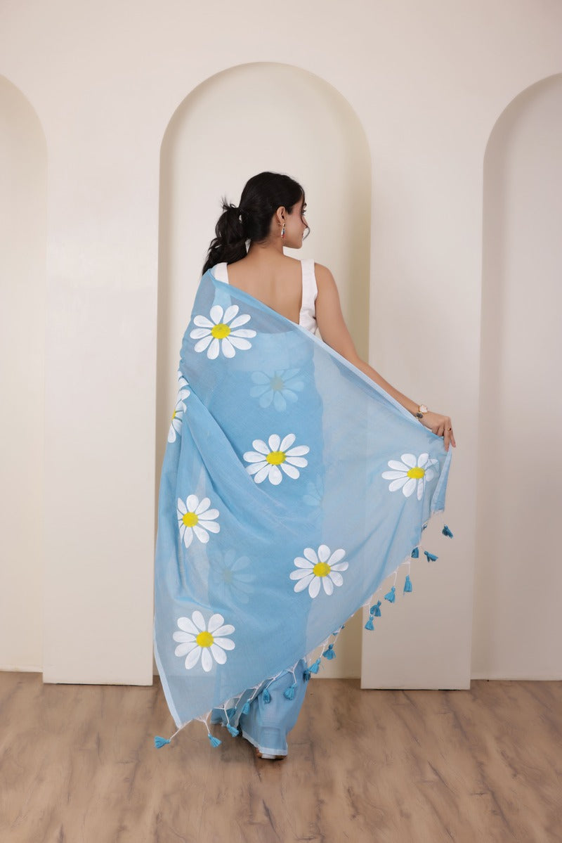 DAISY BLOOM SKYBLUE HAND PAINTED KHADI COTTON SAREE WITH ARTISTIC FLORALS