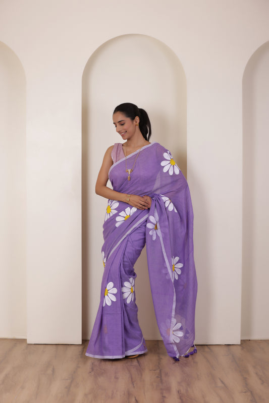 DAISY BLOOM HANDCRAFTED KHADI SAREE IN LAVENDER WITH WHITE DAISY ACCENTS