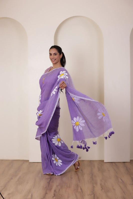 DAISY BLOOM HANDCRAFTED KHADI SAREE IN LAVENDER WITH WHITE DAISY ACCENTS