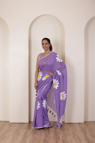 DAISY BLOOM HANDCRAFTED KHADI SAREE IN VIOLET WITH WHITE DAISY ACCENTS