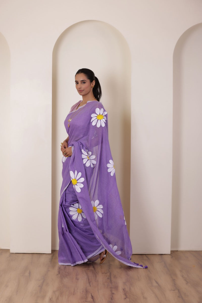 DAISY BLOOM HANDCRAFTED KHADI SAREE IN LAVENDER WITH WHITE DAISY ACCENTS
