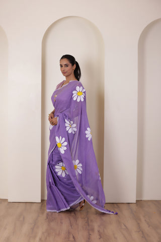 DAISY BLOOM HANDCRAFTED KHADI SAREE IN VIOLET WITH WHITE DAISY ACCENTS
