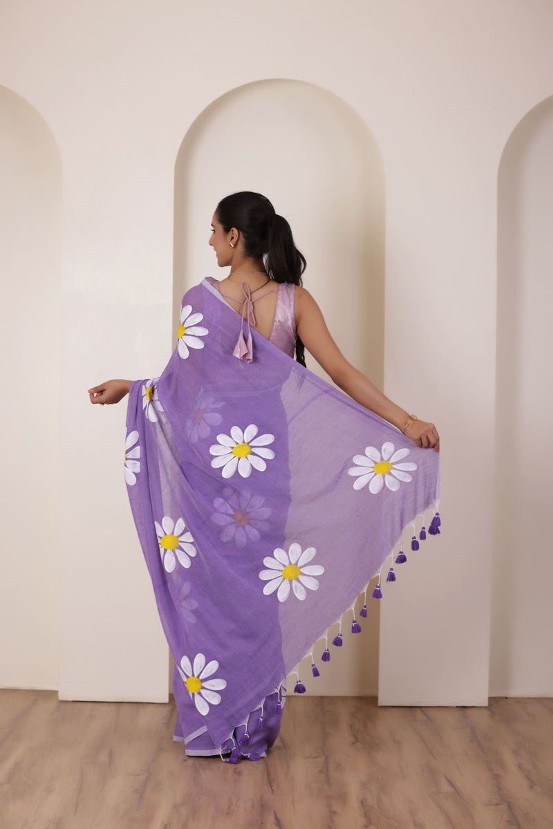 DAISY BLOOM HANDCRAFTED KHADI SAREE IN LAVENDER WITH WHITE DAISY ACCENTS