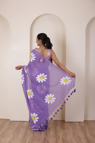 DAISY BLOOM HANDCRAFTED KHADI SAREE IN VIOLET WITH WHITE DAISY ACCENTS