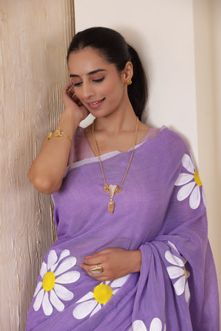 DAISY BLOOM HANDCRAFTED KHADI SAREE IN VIOLET WITH WHITE DAISY ACCENTS