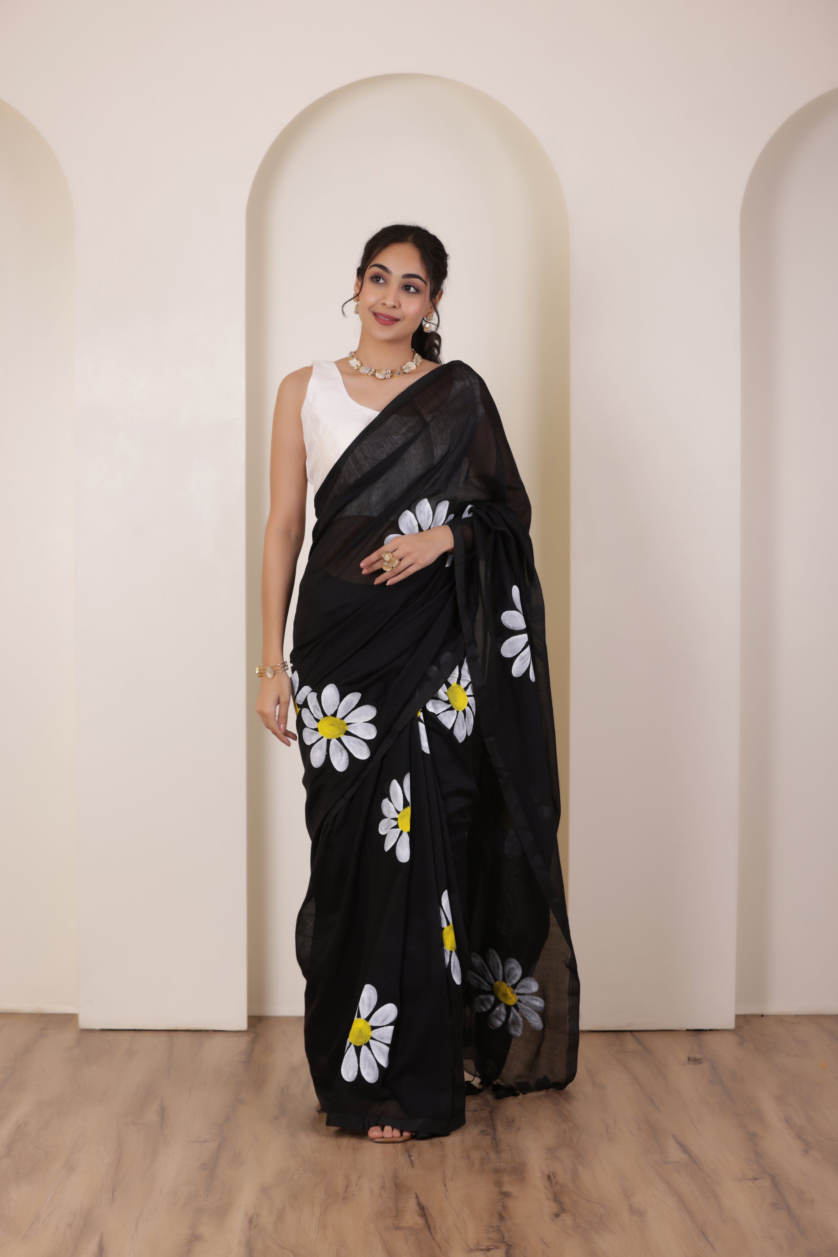 DAISY BLOOM BLACK KHADI COTTON SAREE WITH HAND PAINTED DAISIES