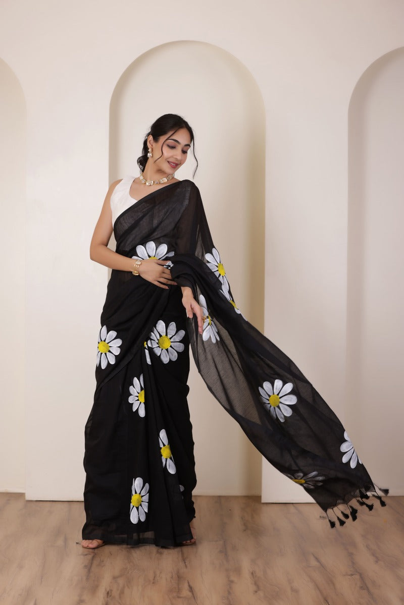 DAISY BLOOM BLACK KHADI COTTON SAREE WITH HAND PAINTED DAISIES