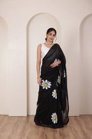 DAISY BLOOM BLACK KHADI COTTON SAREE WITH HAND PAINTED DAISIES