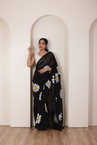 DAISY BLOOM BLACK KHADI COTTON SAREE WITH HAND PAINTED DAISIES