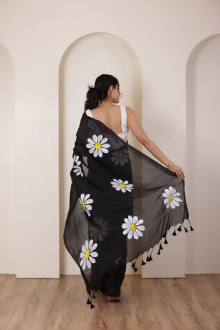 DAISY BLOOM BLACK KHADI COTTON SAREE WITH HAND PAINTED DAISIES
