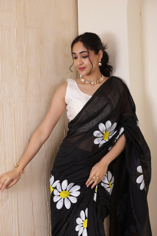 DAISY BLOOM BLACK KHADI COTTON SAREE WITH HAND PAINTED DAISIES