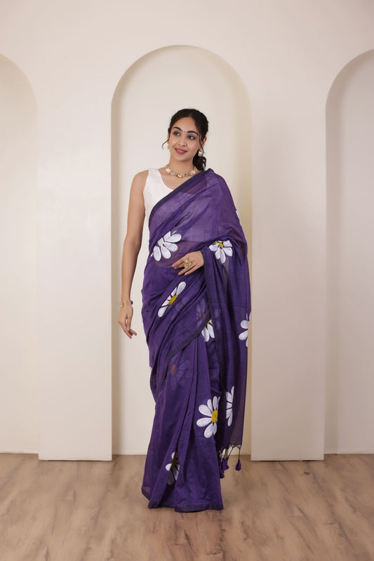DAISY BLOOM PURPLE HANDLOOM COTTON SAREE WITH PAINTED FLORAL MOTIFS