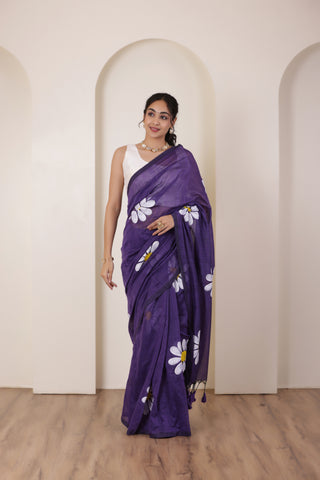 DAISY BLOOM PURPLE HANDLOOM COTTON SAREE WITH PAINTED FLORAL MOTIFS
