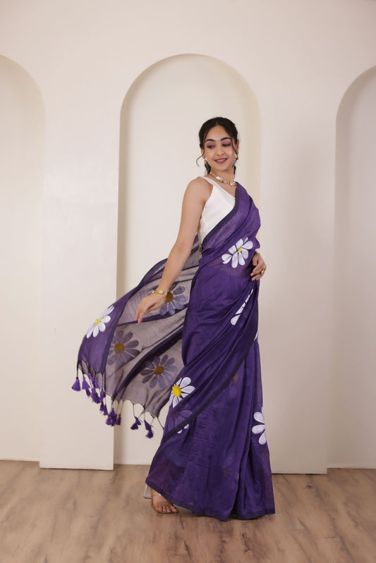 DAISY BLOOM PURPLE HANDLOOM COTTON SAREE WITH PAINTED FLORAL MOTIFS