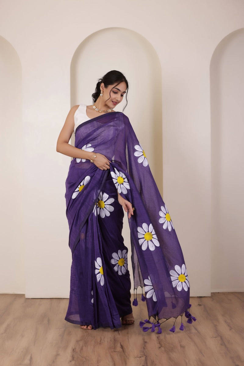 DAISY BLOOM PURPLE HANDLOOM COTTON SAREE WITH PAINTED FLORAL MOTIFS