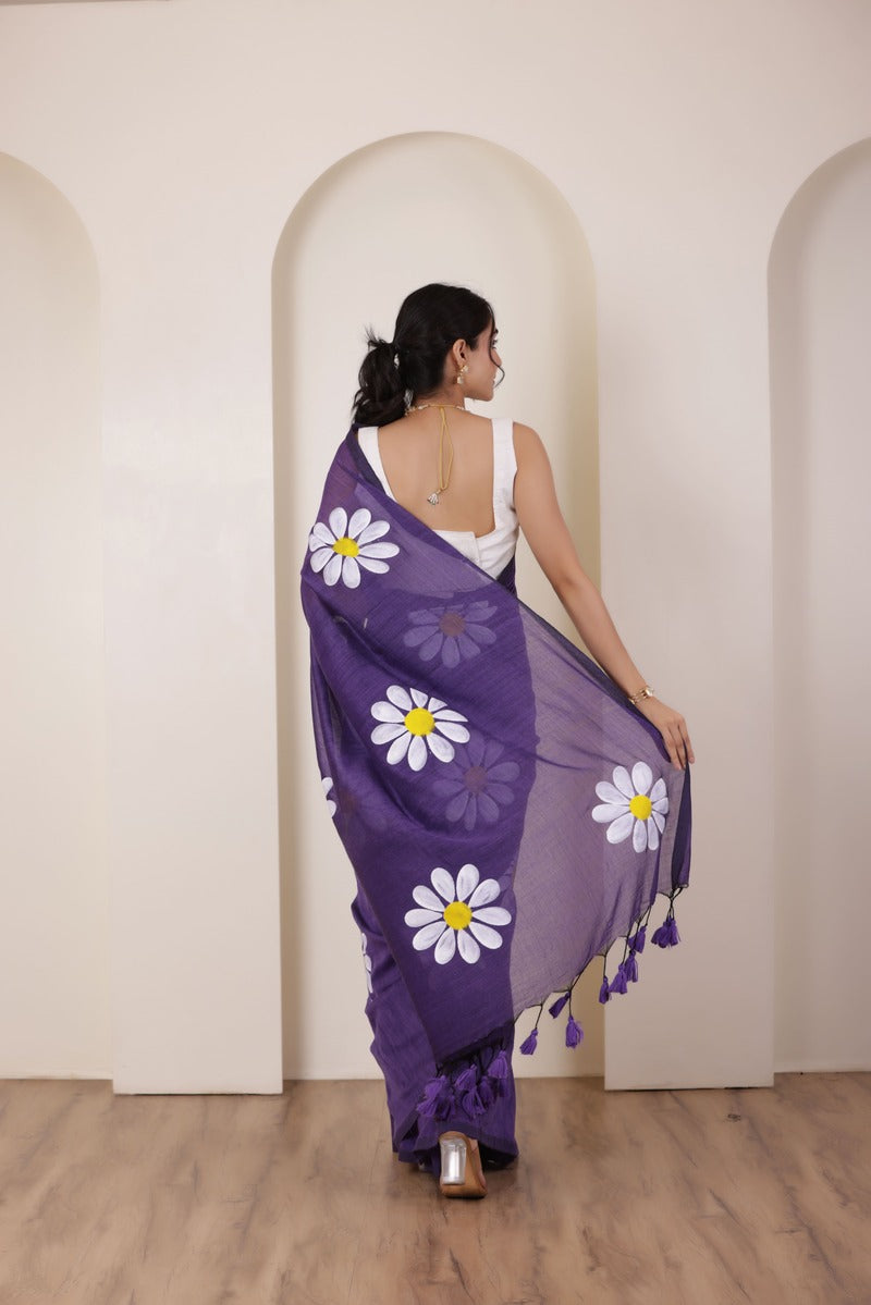 DAISY BLOOM PURPLE HANDLOOM COTTON SAREE WITH PAINTED FLORAL MOTIFS