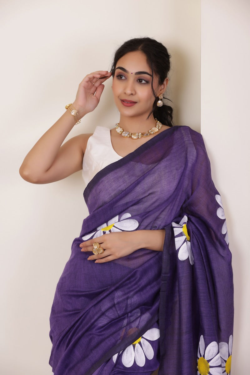 DAISY BLOOM PURPLE HANDLOOM COTTON SAREE WITH PAINTED FLORAL MOTIFS