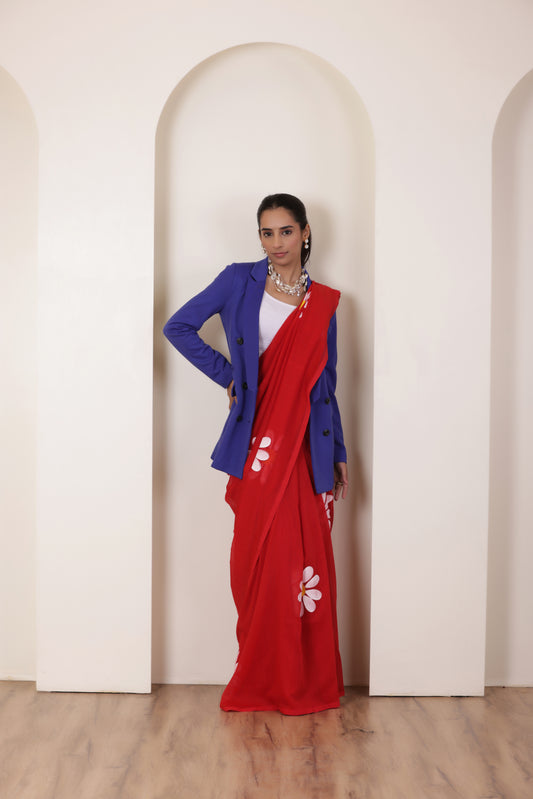 DAISY BLOOM RED KHADI COTTON SAREE WITH ARTISTIC HAND PAINTED FLOWERS