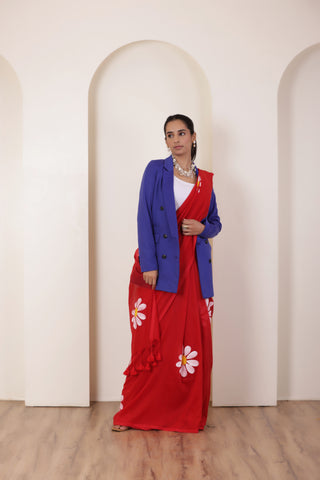 DAISY BLOOM RED KHADI COTTON SAREE WITH ARTISTIC HAND PAINTED FLOWERS
